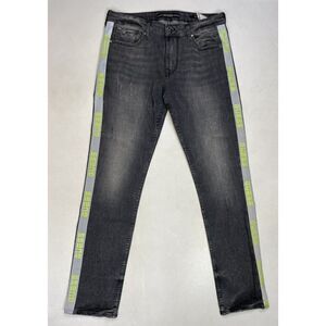 Guess Slim Tapered Denim Jeans Men 34 X 32 Black Reflective Side Stripe